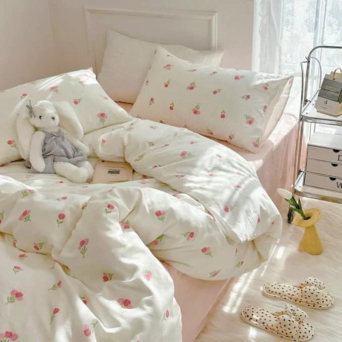 High-Performance Nayoroom Pink Floral Duvet Cover Queen Size Cute Tulip Printed on White Comforter Cover 3Pcs Kids Girls Kawaii Cottagecore Bedding Set with Zipper Closure Soft Breathable Microfiber Superior