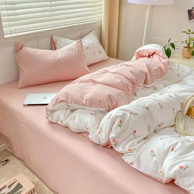Easy-to-Use Nayoroom Pink Floral Duvet Cover Full Size Coquette Tulip Printed on White Reversible Comforter Cover 3Pcs Kids Girls Cottagecore Bedding Set with Zipper Closure Soft Breathable Microfiber