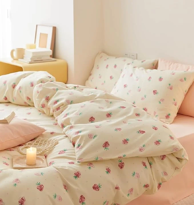 Official Nayoroom Strawberry Duvet Cover Set Twin Size Girls Cute Pink Strawberries Kawaii Comforter Cover 2 Pieces Soft Lightweight Microfiber Cream White Bedding with Zipper Closure Verified