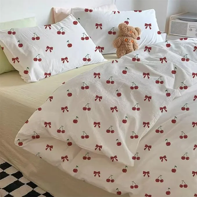 Innovative Nayoroom Red Cherry Duvet Cover Queen Size Cute Bow Duvet Cover 3 Pieces Soft Lightweight Microfiber Girls Aesthetic Dorm Bedding Set with Zipper Closure Original