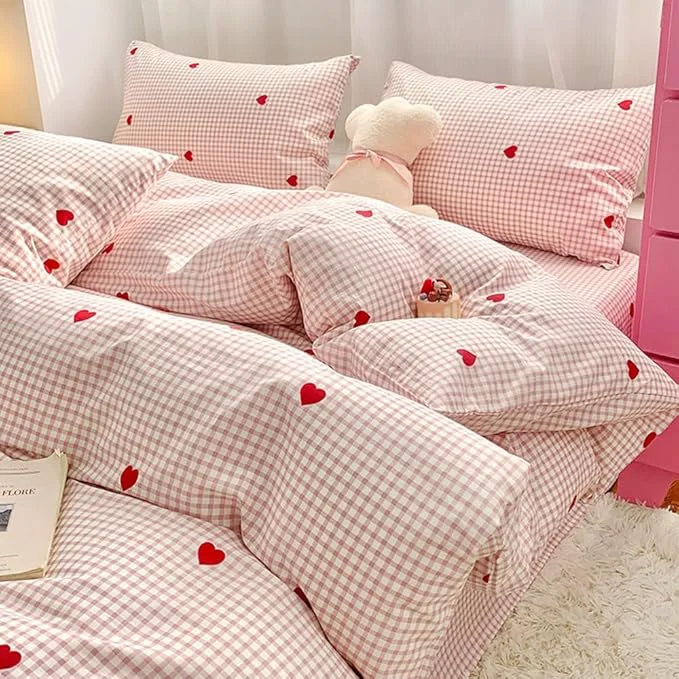 Enhanced Nayoroom Gingham Duvet Cover Full Size Pink Plaid Red Heart Printed on White Bedding Set 3 Pcs Kids Girls Cute Heart-Shaped Comforter Cover with Zipper Closure Soft Breathable Microfiber Smooth
