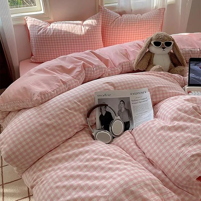 Original Nayoroom Gingham Duvet Cover Queen Size Reversible Pink Plaid Checkered Duvet Cover 3 Pieces Soft Breathable Washed Microfiber Girls Dorm Bedding Set for All Seasons Smart