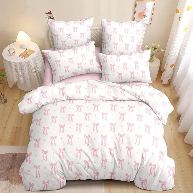 Smooth Nayoroom Pink Bow Duvet Cover Queen Size Heart Duvet Cover Coquette Bedding Set 3 Pieces Girls Cute Dorm Bedding Set with Pillowcases Soft Lightweight Microfiber Verified