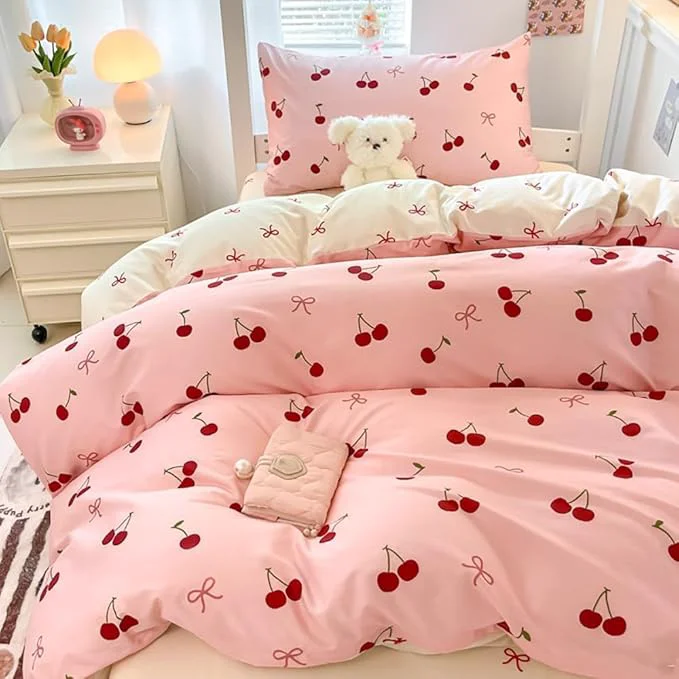 Flexible Nayoroom Duvet Cover Queen Size – Reversible Pink Bow Red Cherry Patterned Duvet Cover 3 Pieces Soft Lightweight Microfiber Kids Girls Cute Aesthetic Dorm Bedding Set Environmentally Friendly