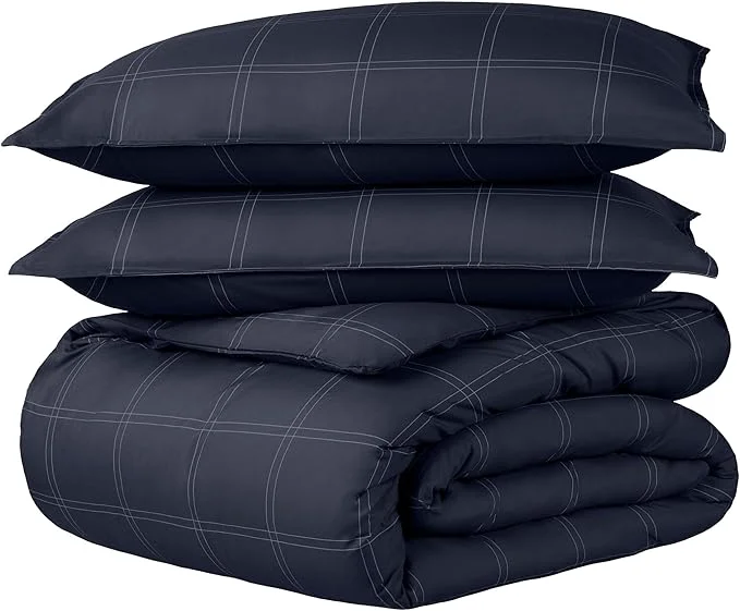 Solid Bare Home Bedding Duvet Cover Set Queen Size – Premium 1800 Super Soft Collection – Lightweight Duvet Cover – Soft Textured Bedding Queen Modern Plaid – Midnight Blue White Natural
