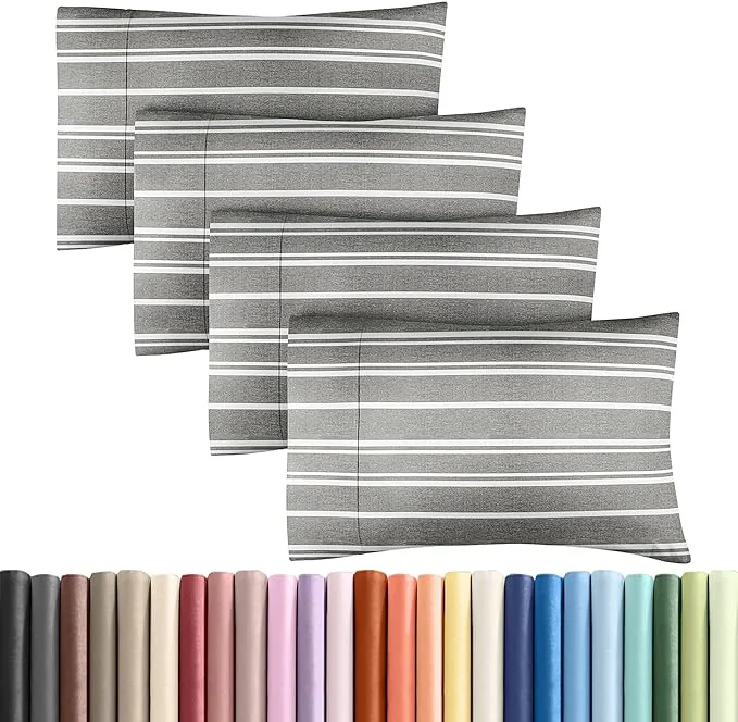 Fashionable Queen Pillow Cases Set of 4 – Ultra Soft Hotel Quality Pillowcase Covers – Comfy Cozy amp Wrinkle – Shrinkage and Fade Resistant – Machine Washable Pillow Protectors – 4 Piece Set – Grey Stripes 3 Secure