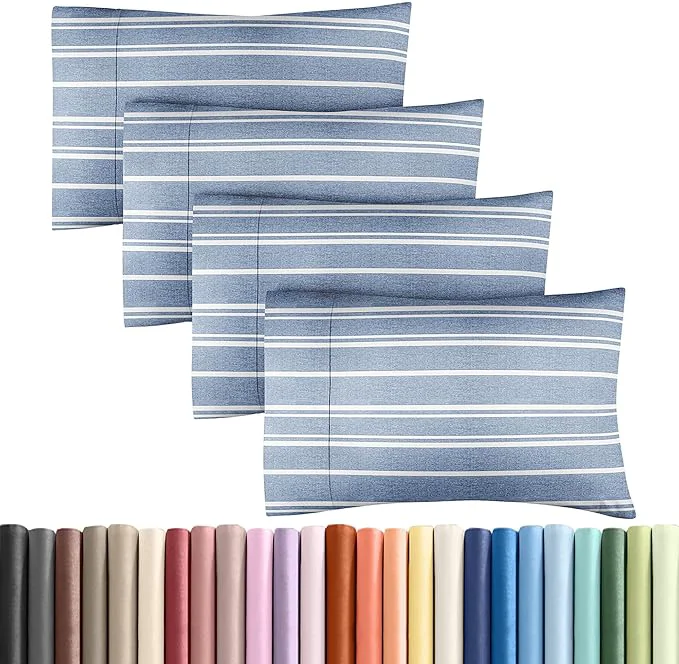 Sustainable Queen Pillow Cases Set of 4 – Ultra Soft Hotel Quality Pillowcase Covers – Comfy Cozy amp Wrinkle – Shrinkage and Fade Resistant – Machine Washable Pillow Protectors – 4 Piece Set – Blue Stripes 3 Prestigious