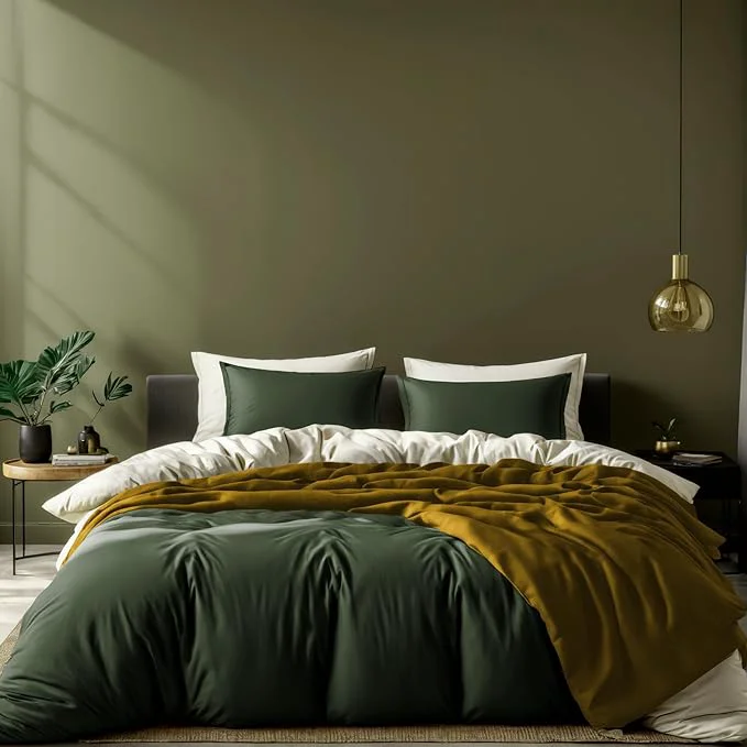 Elite White Classic Dark Green Duvet Cover Queen Size Microfiber Duvet Cover with Zipper Duvet Cover Set with 2 Pillow Shams Luxury Soft Comforter Cover Queen Size 90 x 90 Comforter Not Included Minimalist