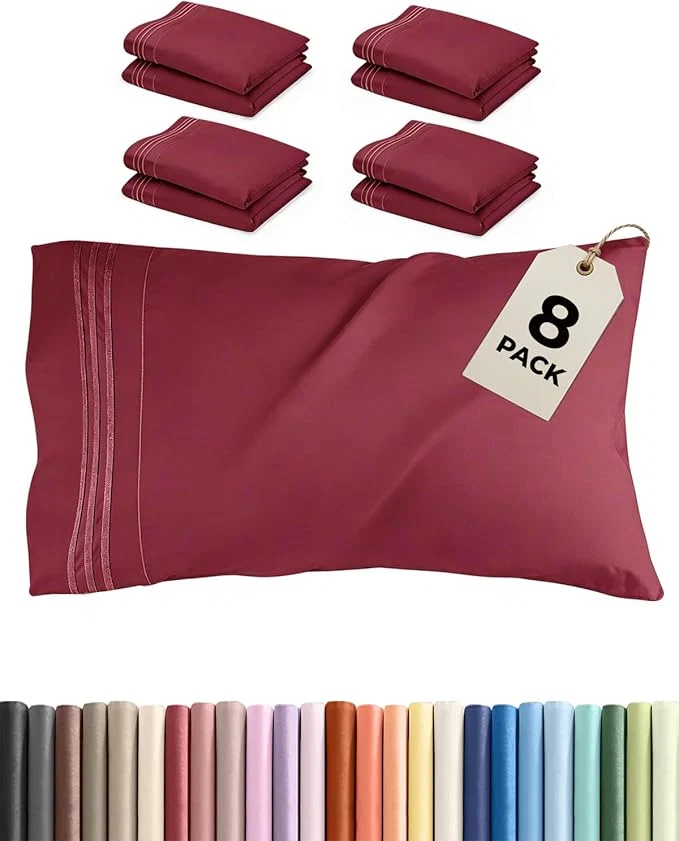 Authentic King Pillow Cases Set of 8 – Ultra Soft Hotel Quality Pillowcase Covers – Comfy amp Wrinkle – Shrink Stain amp Fade Resistant – Easy-Care Machine Washable Pillow Protectors – 8 Piece Set – Burgundy Professional