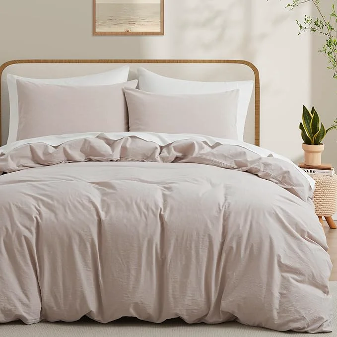 Next-Generation LOVQUE Washed Cotton Duvet Cover Set King Size Linen Like Natural Bedding Set with Zipper Closure No Comforter 104×90 Inches Light Linen Grey Fine