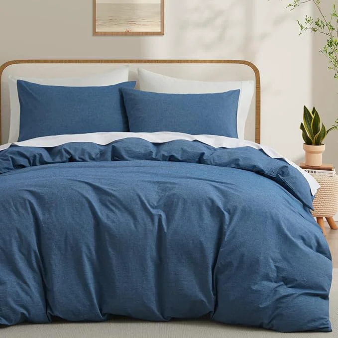 Original LOVQUE Washed Cotton Duvet Cover King Size Denim Blue Fade-Resistant Natural Bedding Set No Comforter 104×90 Inches Comfortable