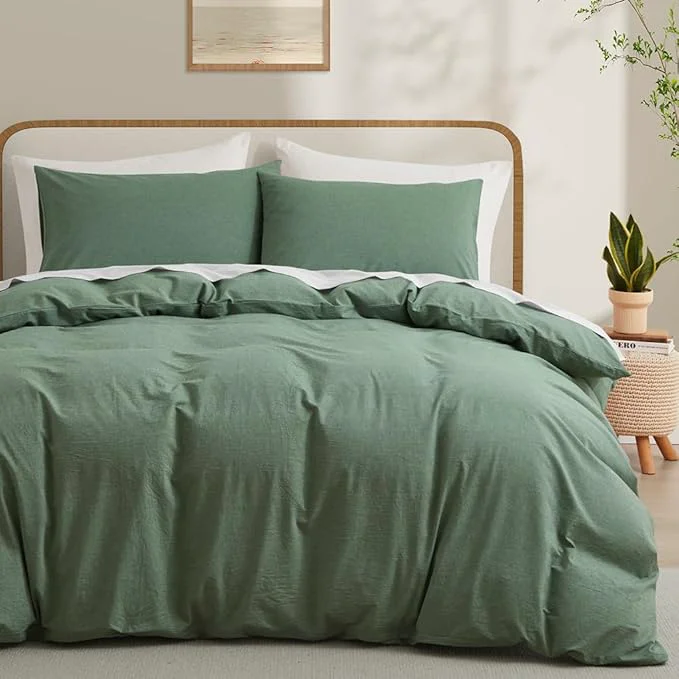 Solid LOVQUE Duvet Cover Full Size Washed Cotton Linen Like Bedding Set with Zipper Closure No Comforter 80×90 Inches Mint Green Unique