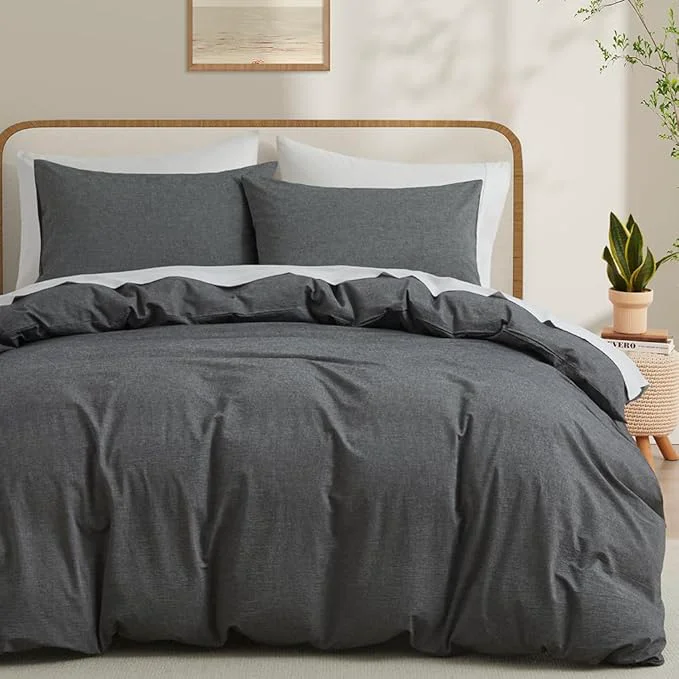 High-Quality LOVQUE Washed Cotton Duvet Cover Set Linen Like Natural Bedding Set with Zipper Closure No Comforter 104×98 Inches Cal King Dark Grey Minimalist