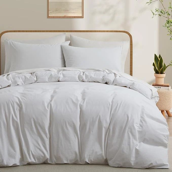Solid Washed Cotton Duvet Cover Queen Size White Linen Like Breathable Natural Bedding Set No Comforter 90×90 Inches Sustainable