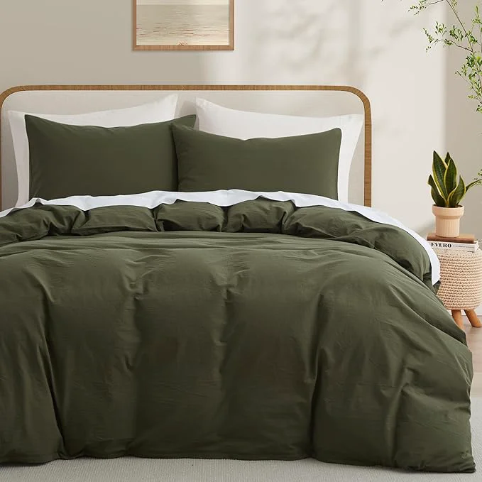 Elite LOVQUE Olive Green Cotton Duvet Cover King Size Linen Like Natural Bedding Set with Zipper Closure No Comforter 104×90 Inches Carefully Designed