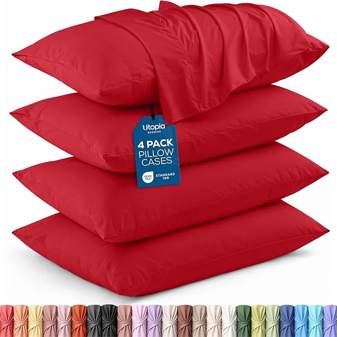 High-End Utopia Bedding King Pillow Cases – Pack of 4 – Envelope Closure – Soft Brushed Polyester Fabric – Shrinkage and Fade Resistant Pillow Covers King Size 20 X 40 Inches Red Enhanced