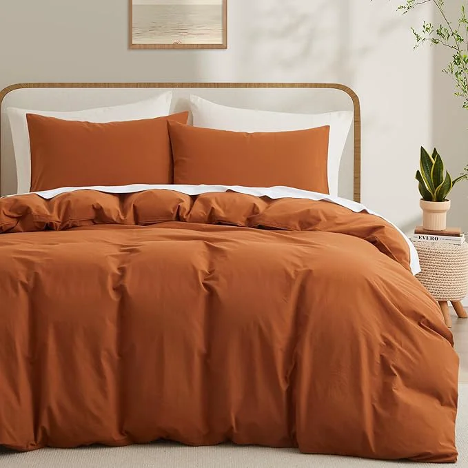 Artisan Burnt Orange Duvet Cover Full Size Washed Cotton Linen Like Bedding Set with Zipper Closure No Comforter 80×90 Inches Recyclable