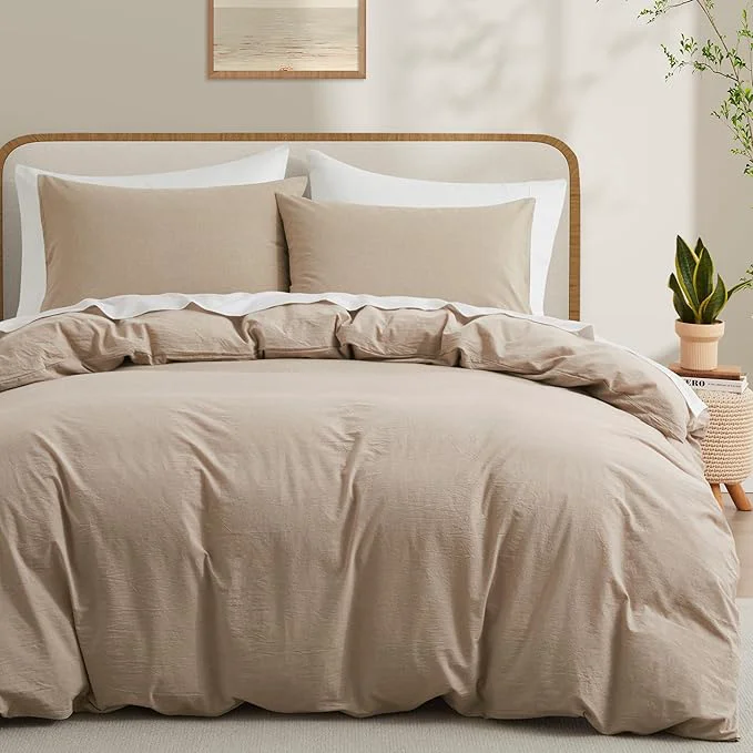 Professional LOVQUE Bedding Duvet Cover Queen Size Washed Cotton Linen Like Natural Bedding Set with Zipper Closure No Comforter 90×90 Linen Grey Green