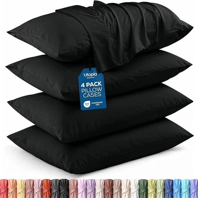 Premium Material Utopia Bedding Queen Pillow Cases – 4 Pack – Envelope Closure – Soft Brushed Microfiber Fabric – Shrinkage and Fade Resistant Pillow Covers Queen Size 20 X 30 Inches Queen Black Premium