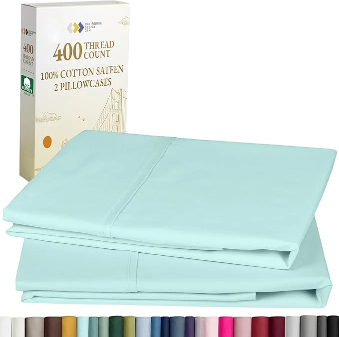 Prestigious California Design Den Standard Queen Size Pillowcase Set – 400 Thread Count Cotton Sateen Set of 2 Pillow Covers Soft and Breathable – Seafoam Authentic