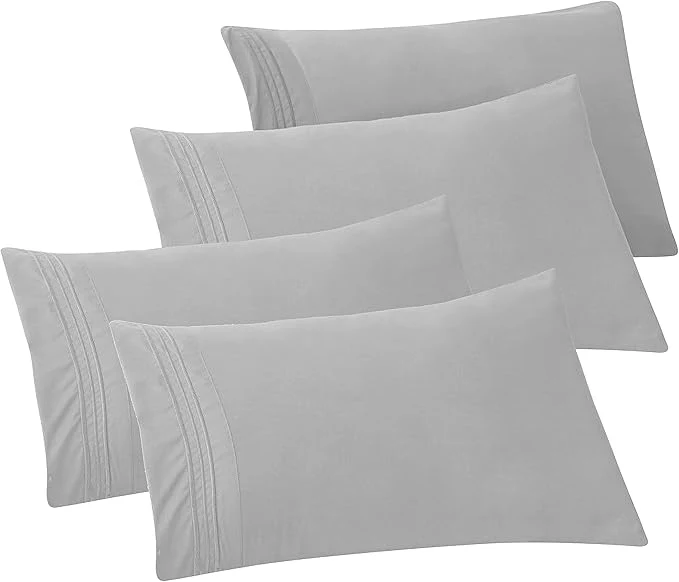High-Grade Elegant Comfort 4-PACK Solid Pillowcases 1500 Premium Hotel Quality Microfiber – Smooth Weave Wrinkle and Stain Resistant Easy Slip-On 4-Piece Set Standard Queen Pillowcase Silver Powerful