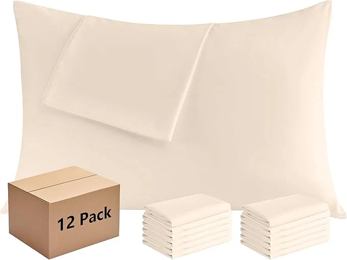 Recyclable Pillowcases King 12 Pack 20×36 Pillow Cases with Envelope Closure Soft Plain Brushed Microfiber Covers Breathable Wrinkle-Resistant Beige Natural