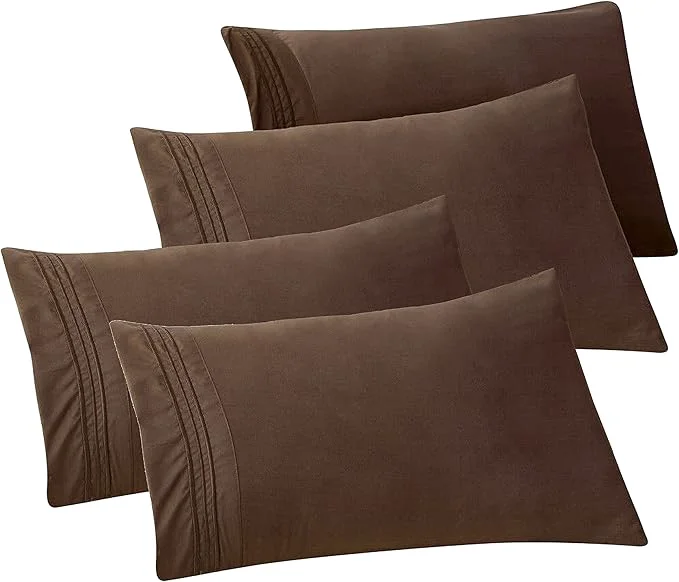 Genuine Elegant Comfort 4-PACK Solid Pillowcases 1500 Premium Hotel Quality Microfiber – Smooth Weave Wrinkle and Stain Resistant Easy Slip-On 4-Piece Set Standard Queen Pillowcase Brown Recyclable