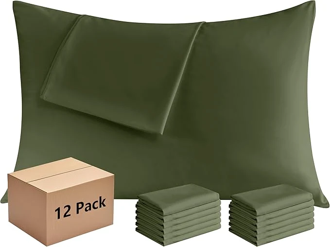Professional Pillowcases King 12 Pack 20×36 Pillow Cases with Envelope Closure Soft Plain Brushed Microfiber Covers Breathable Wrinkle-Resistant Olive Green Flexible