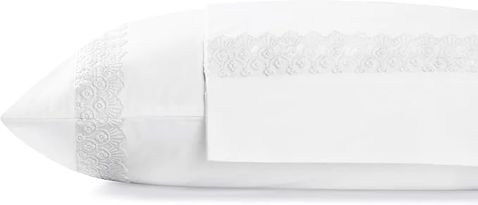 High-End Linen Home Cotton Percale Floral Scallop Lace Pillowcases King Size White 2 Pieces of Pillow Case Crisp and Cool Strong Bed Linen 20 inches X 40 inches Top-Quality
