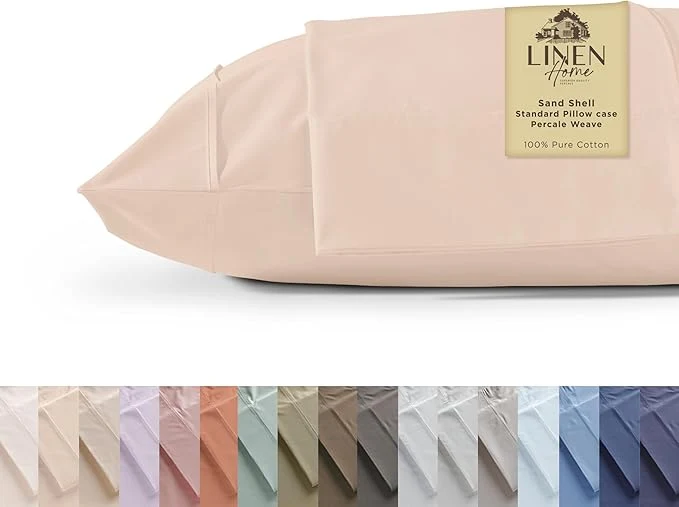 Fast Linen Home Cotton Percale Pillowcases Queen Size Sand Shell 2 Pieces of Pillow Case Crisp and Cool Strong Bed Linen 20 inches X 30 inches Solid