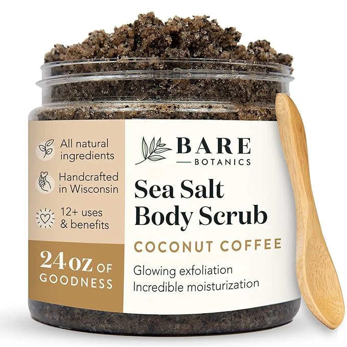 Exceptional Bare Botanics Coconut Coffee Body Scrub 24oz Made in Madison WI All Sustainable
