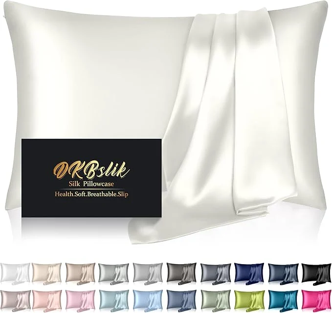 Reusable Mulberry Silk Pillow Cases Standard Size Silk Pillowcase for Hair and Skin Anti Acne Cooling Sleep Both Sides Natural Silk Satin Pillow Covers with Hidden Zipper Gifts for Women Men Ivory High-End