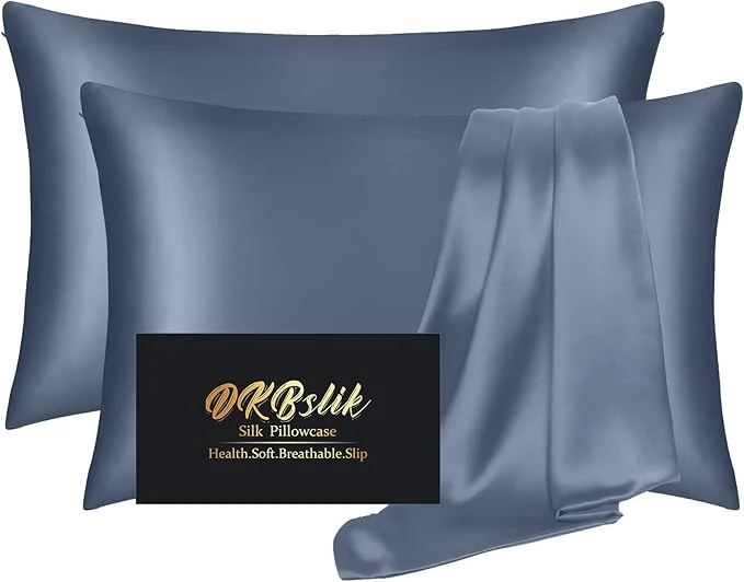 Long-Lasting Silk Pillow Cases 2 Pack Mulberry Silk Pillowcases Standard Set of 2 Soft Smooth Anti Acne Beauty Sleep Both Sides Natural Silk Satin Pillow Cases for Women 2 Pack with Zipper for Gift Ash Blue Minimalist
