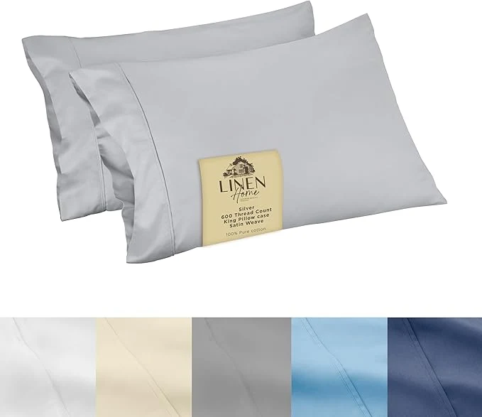 Official Linen Home 600 Thread Count King Pillowcase Set Long-Staple Cotton Pillow Cases Soft amp Smooth Luxury Satin Set of 2 Pillowcases 4 Inch Z Hem Silver Superior