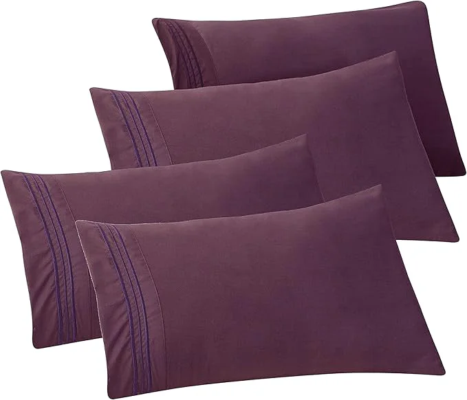 Traditional Elegant Comfort 4-PACK Solid Pillowcases 1500 Premium Hotel Quality Microfiber – Smooth Weave Wrinkle and Stain Resistant Easy Slip-On 4-Piece Set King Pillowcase Purple First-Class