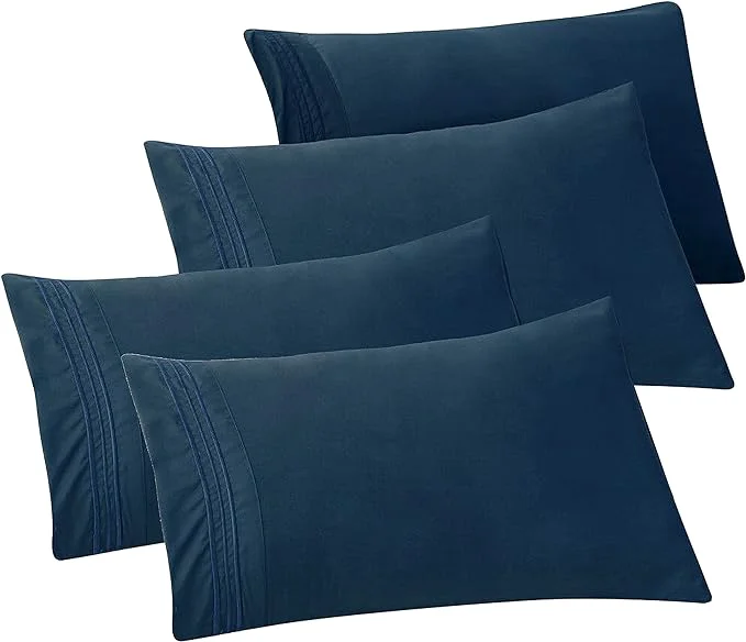 Smart Elegant Comfort 4-PACK Solid Pillowcases 1500 Premium Hotel Quality Microfiber – Smooth Weave Wrinkle and Stain Resistant Easy Slip-On 4-Piece Set Standard Queen Pillowcase Navy Healthy