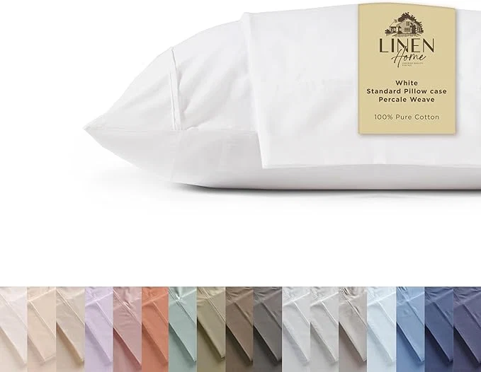 Premium Material Linen Home Cotton Percale Pillowcases Queen Size White 2 Pieces of Pillow Case Crisp and Cool Strong Bed Linen 20 inches X 30 inches Artisan
