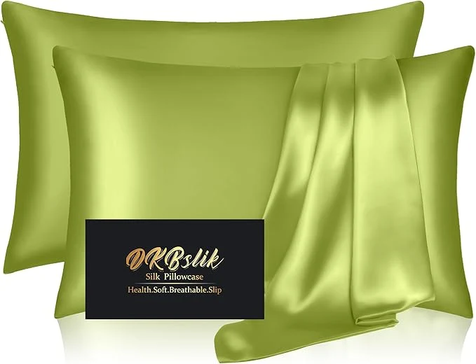 Solid Silk Pillow Cases 2 Pack Mulberry Silk Pillowcases Standard Set of 2 Smooth Anti Acne Both Sides Natural Silk Satin Pillow Cases for Sleeping Women 2 Pack with Zipper Olive Green Trendy