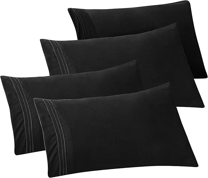 Professional Elegant Comfort 4-PACK Solid Pillowcases 1500 Premium Hotel Quality Microfiber – Smooth Weave Wrinkle and Stain Resistant Easy Slip-On 4-Piece Set King Pillowcase Black Refined