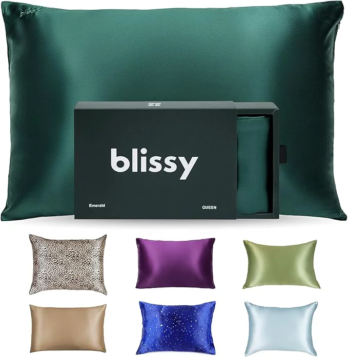 Luxury Blissy Silk Pillowcase – Pure Mulberry Silk – 22 Momme 6A High-Grade Fibers – Silk Pillow Cover for Hair amp Skin – Regular Queen amp King Emerald Standard Premium