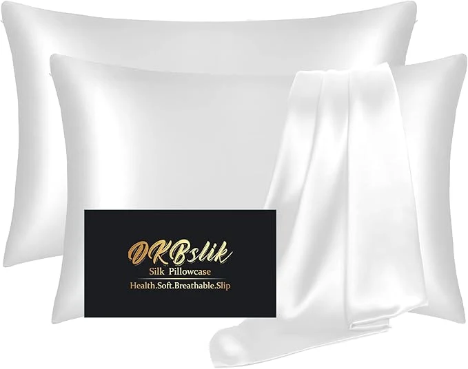 Healthy Silk Pillow Cases 2 Pack Mulberry Silk Pillowcases Standard Set of 2 Health Smooth Anti Acne Beauty Sleep Both Sides Natural Silk Satin Pillow Cases for Women 2 Pack with Zipper for Gift White Sustainable