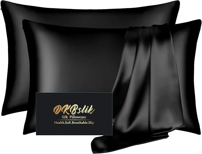 Exclusive Silk Pillow Cases 2 Pack Mulberry Silk Pillowcases Standard Set of 2 Smooth Anti Acne Both Sides Natural Silk Satin Pillow Cases for Sleeping Women 2 Pack with Zipper Black Detailed