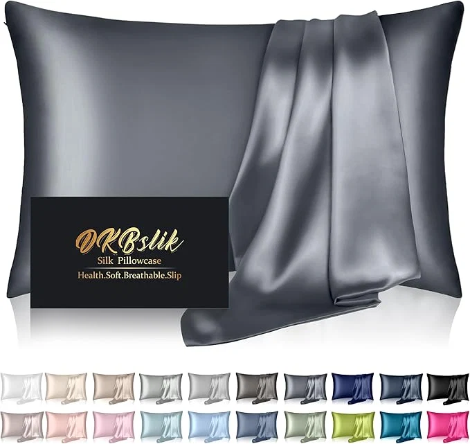 Lightweight Mulberry Silk Pillow Cases Standard Size Silk Pillowcase for Hair and Skin Both Sides Natural Silk Satin Pillowcase for Sleeping Women with Zipper Gifts for Women Men Space Grey Healthy