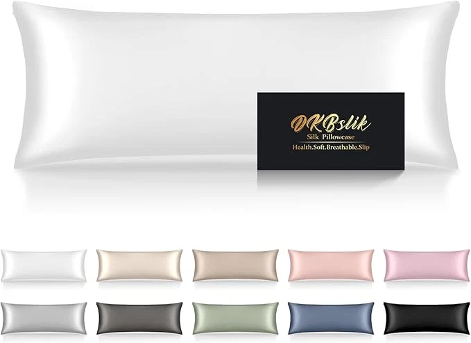 Organic Silk Body Pillow Cases Mulberry Silk Body Pillow Cover with Zipper Smooth Anti Acne Cooling Sleep Both Sides Natural Silk Satin 20×54 Body Pillowcase Gifts for Women Men White Durable