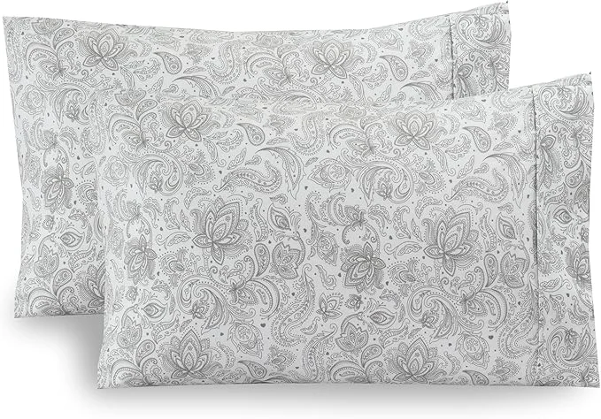 Luxury Elegant Comfort Ultra Soft Set of 2 Floral Print Pillowcases – 1500 Premium Hotel Quality Microfiber Soft and Smooth Envelope Closure 2-Piece Pillow Covers – King Paisley Gray Consistent