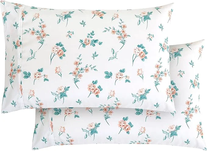 Genuine Elegant Comfort Ultra Soft Set of 2 Floral Print Pillowcases – 1500 Premium Hotel Quality Microfiber Soft and Smooth Envelope Closure 2-Piece Pillow Covers – Standard Queen Pink Celia Artisan