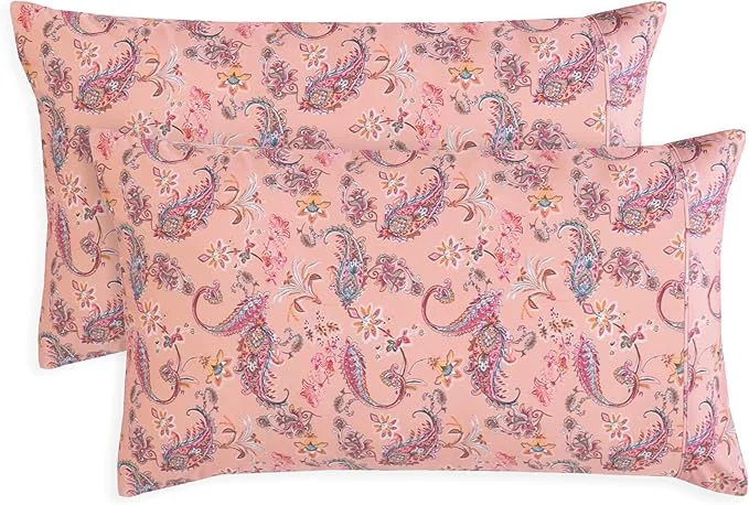 Convenient Elegant Comfort Ultra Soft Set of 2 Floral Print Pillowcases – 1500 Premium Hotel Quality Microfiber Soft and Smooth Envelope Closure 2-Piece Pillow Covers – Standard Queen Paisley Coral Natural