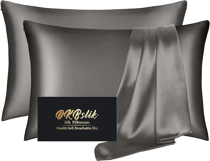 Environmentally Friendly Silk Pillowcase 2 Pack Natural Mulberry Silk Pillow Case Anti Acne Silk Pillowcase for Hair and Skin King Size Silk Satin Pillowcase Set of 2 with Hidden Zipper Gifts for Women Men Dark Gray Solid