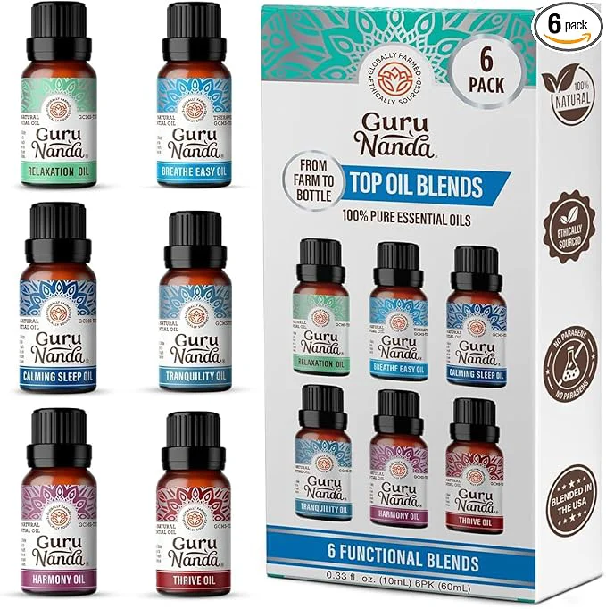 Recyclable GuruNanda Essential Oil Blends – 6 Pack Breathe Easy Tranquility Relaxation Unique