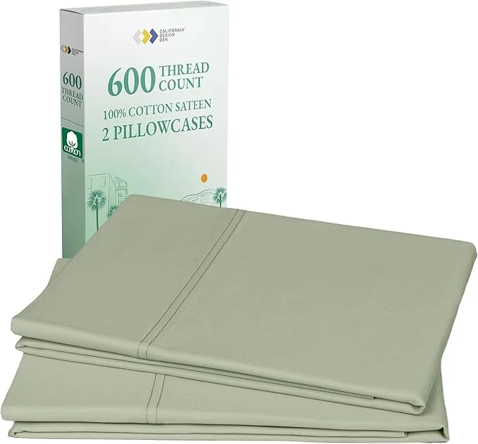 Refined California Design Den Premium King Pillowcases Set of 2-600 Thread Count Sateen Natural Cotton King Size Pillow Case Pair Crisp Durable Bedding – Laurel Green Quality